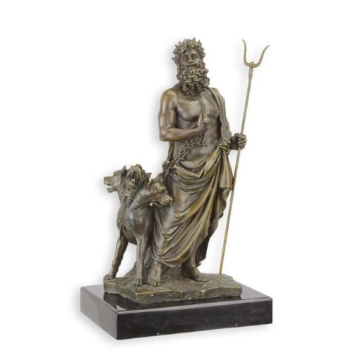 Bronzen beeld van Hades met Cerberus in detail